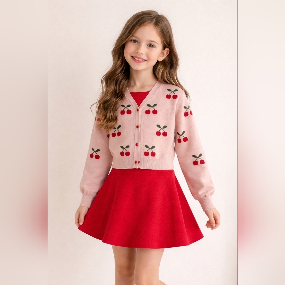 Cupcakes and Cashmere Cherry Cardigan & Red Skirt Set Girls Size 11-12